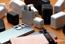 Galaxy iPhone and Pixel smartphones with selection of chargers